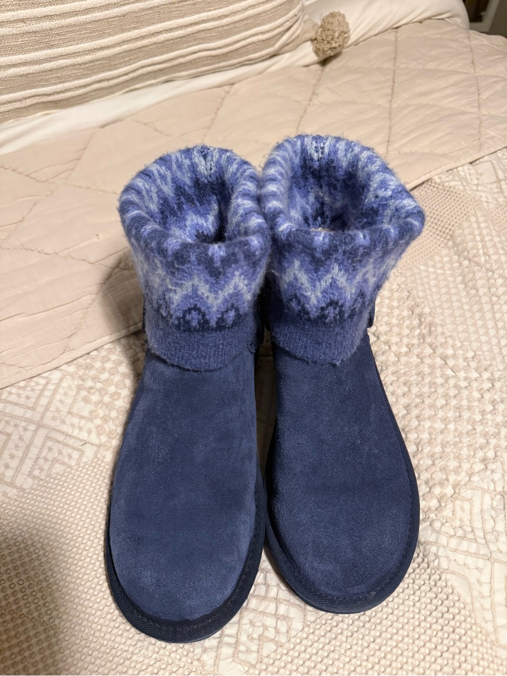 UGG Navy Suede Short Boot with Patterned Knit Cuff